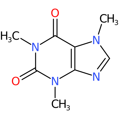 PNG representation of the Caffeine from the InChI with hydrogenDisplay option set to "cdk-default"